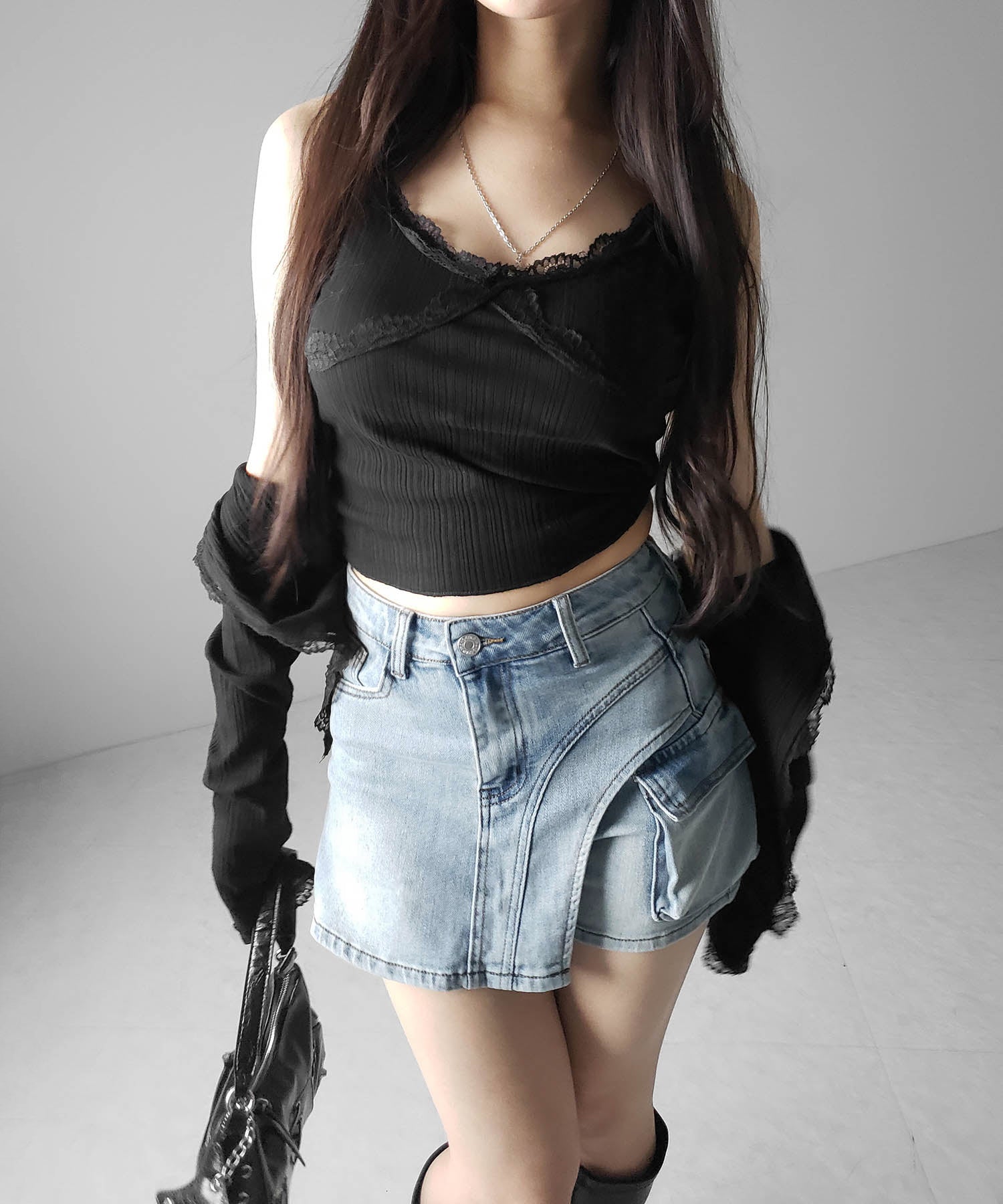 カーゴポケットレイヤードデニムミニスカパン ／ cargo pocket layered denim mini skirt pants
