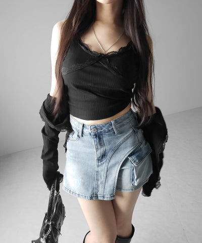カーゴポケットレイヤードデニムミニスカパン ／ cargo pocket layered denim mini skirt pants