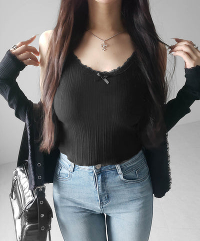 【 ２点セット 】フロントリボンレース切替リブキャミソール ＋ カーディガンセット ／front ribbon lace lib camisole + cardigan SET
