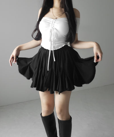 【 ２color ／インパン裏地付き 】ハイウエストドレープフレアミニスカート ／ high waist draped flare mini skirt