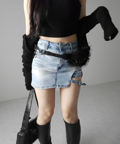 【 インパン裏地付 】カットアウトベルトストラップデニムミニスカパン ／ cutout belt strap denim mini skirt pants