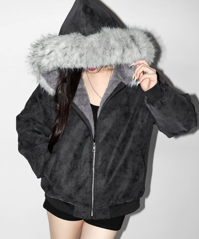 ファーフードヴィンテージフェイクレザーオーバーブルゾン ／ fur hooded vintage fake leather over blouson