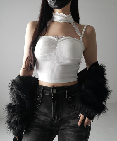 【 ２color ／ カップ付 】レースチョーカーストラップリブキャミソール ／ lace choker strap lib camisole