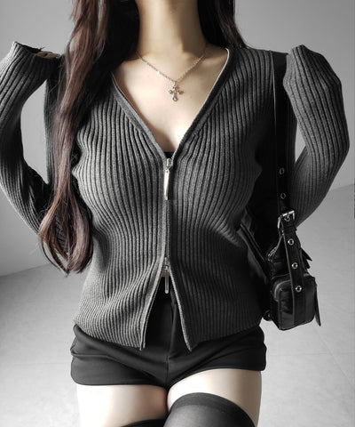 ダブルジップスリムリブニットカーディガン ／ double zip slim rib knit cardigan