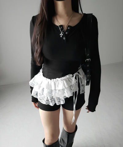 【 ２color 】ストラップリボンレースフリルミニ巻きスカート ／ strap ribbon lace frill mini wrap skirt