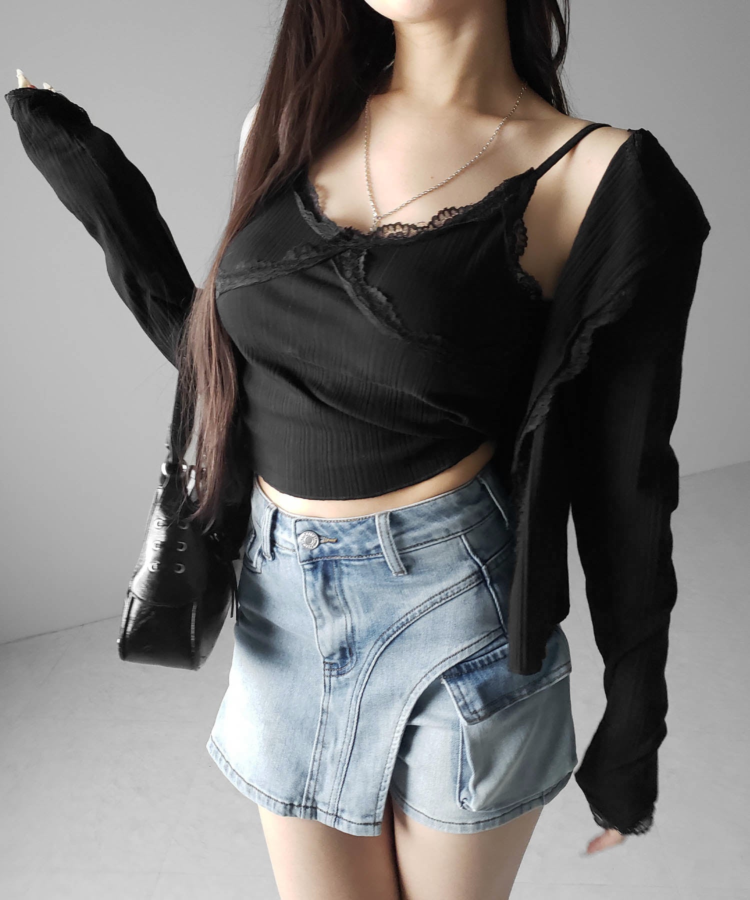 カーゴポケットレイヤードデニムミニスカパン ／ cargo pocket layered denim mini skirt pants