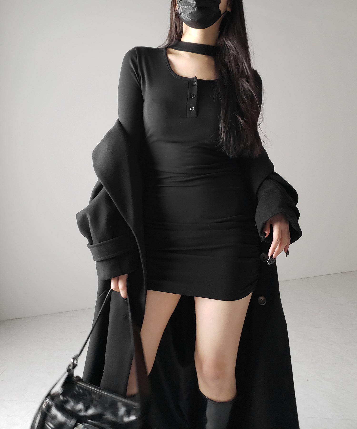 【 ３color ／ 裏起毛 】チョーカーネックシャーリングミニワンピース ／ choker neck shirring mini onepiece