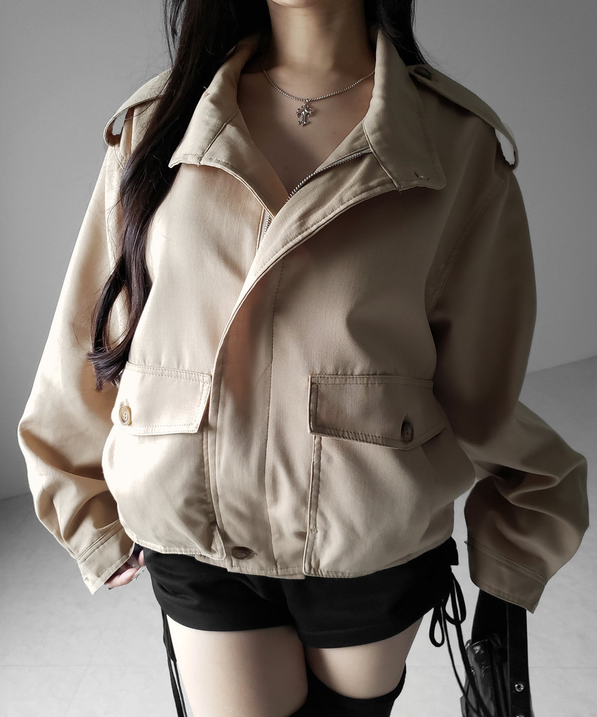 スタンドカラーオーバーショートトレンチコート ／ stand collar over short trench coat
