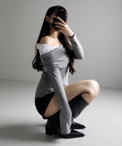 【 ２color 】シャツドッキングワイドオフショルトップス ／ shirt docking wide off shoulder tops