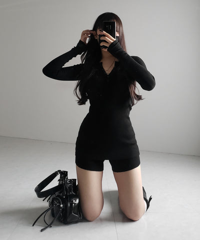 【 セットアップ 】ヘンリーネックスリムリブニットトップス＆ニットショートパンツ SET ／ henley neck slim rib knit tops ＆ knit short pants SET