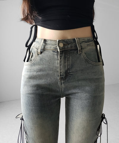 レースアップカットアウトストレッチフレアデニム ／ lace up cutout stretch flare denim