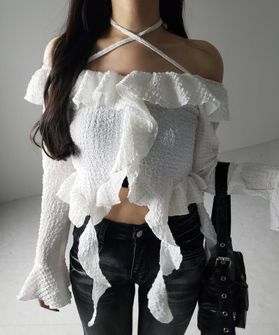 【 ２color 】クロスストラップリボンオフショルダーフリルブラウス ／ cross strap ribbon off shoulder frill blouse