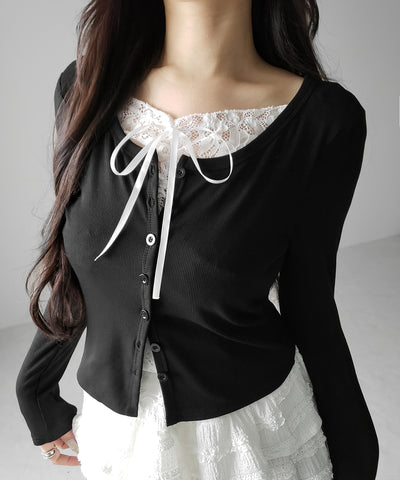 フロントリボンレースレイヤード長袖リブカーディガン ／front ribbon lace layered long-sleeve rib cardigan