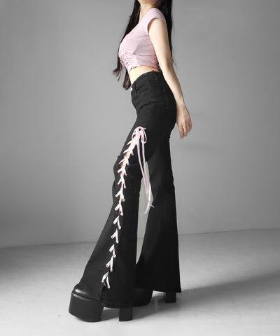 サテンリボンレースアップカットアウトストレッチフレアデニム ／ satin ribbon laceup cutout stretch flare denim