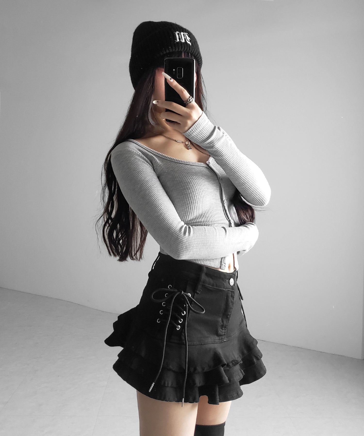 【 インパン裏地付 】レースアップブラックフリルミニスカート ／ laceup black frill mini skirt