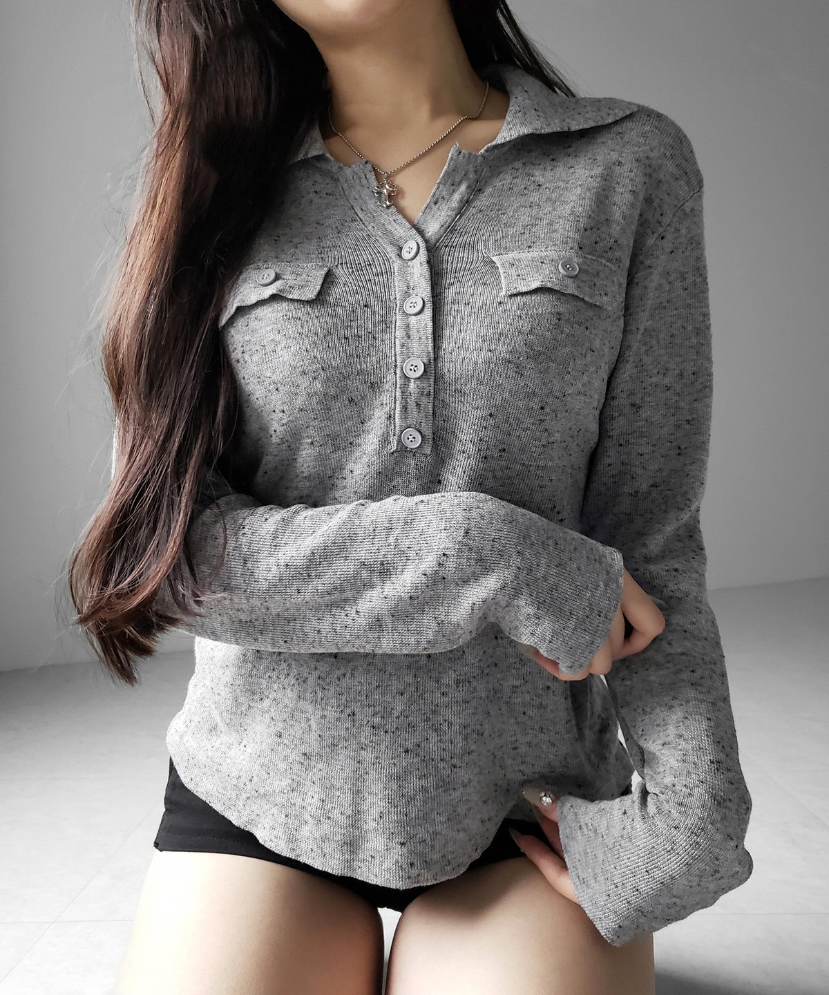 スキッパーボタン長袖ロングニットトップス ／ skipper button long sleeve long sheer knit tops