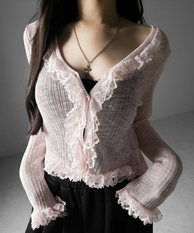 レースフリルシアーニットカーディガン ／ lace frill sheer knit cardigan