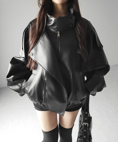ヴィンテージフェイクレザースタンドカラージップアップブルゾン ／ 2WAY vintage fake leather stand collar zipup blouson