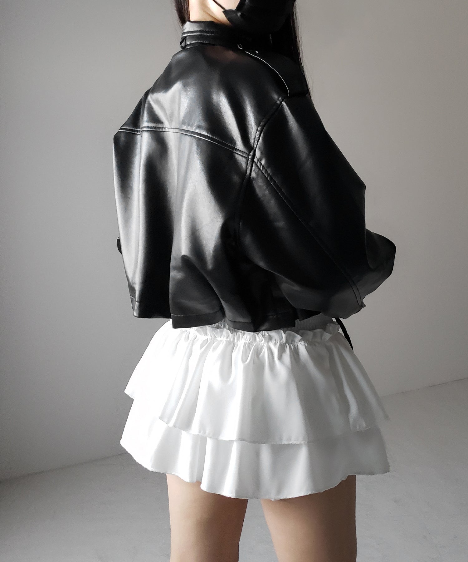 【 ２WAY 】スタンドカラーベルテッドフェイクレザーショートブルゾン ／ stand collar belted fake leather short blouson