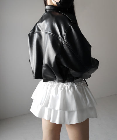 【 ２WAY 】スタンドカラーベルテッドフェイクレザーショートブルゾン ／ stand collar belted fake leather short blouson