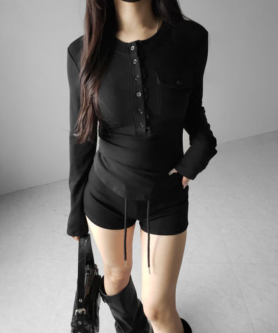 【 裏起毛 】レースドッキングヘンリーネックトップス ／ lace docking henley neck tops