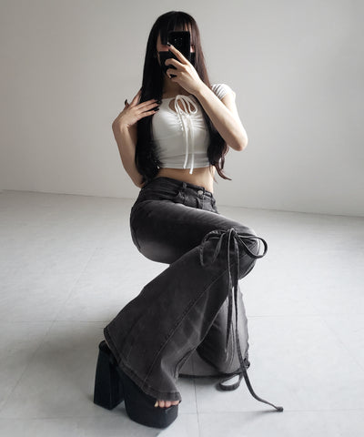 【 ２color ／ ４size 】ストラップリボンヴィンテージストレッチフレアデニム ／ strap ribbon vintage stretch flare denim