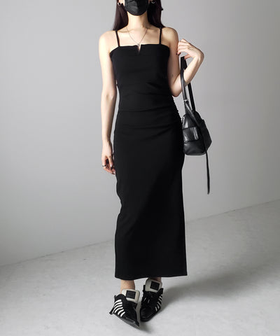 【 パッド付き 】バックストラップサイドシャーリングスリットロングキャミワンピース ／ back strap side shirring slit long cami onepiece