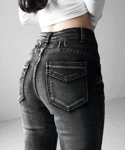 【 ２color ／ ４size 】ヴィンテージライクフリンジストレッチフレアデニム ／ Vintage-like fringe stretch flare denim