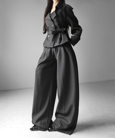 【 上下セットアップ 】ウエストマークショートトレンチコート ＋ タックワイドスラックスパンツ SETUP ／ Waist-mark short trench coat + tuck wide slacks pants