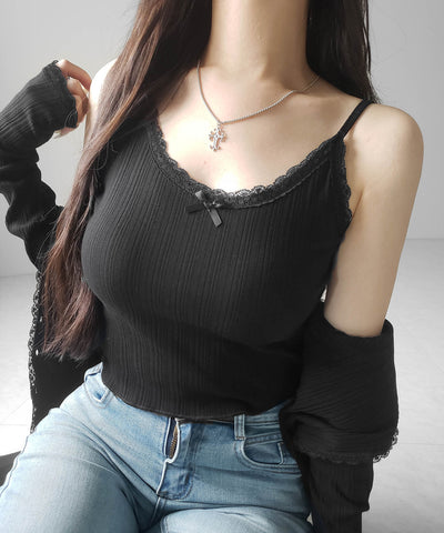 【 ２点セット 】フロントリボンレース切替リブキャミソール ＋ カーディガンセット ／front ribbon lace lib camisole + cardigan SET