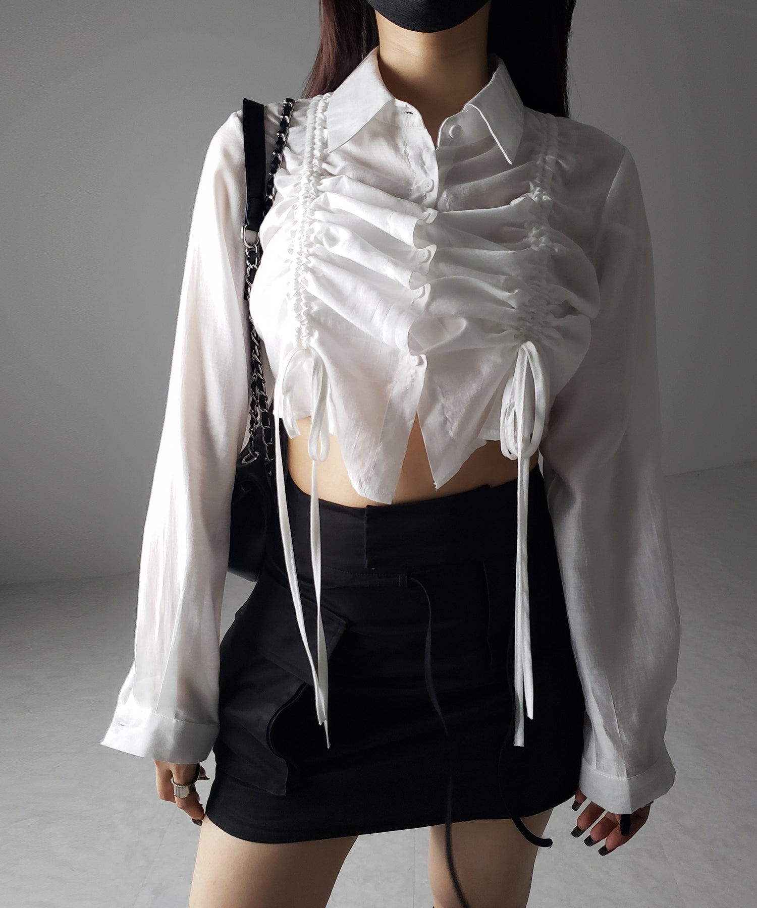 【 ３color 】ダブルリボンシャーリングショートシアーシャツ ／ double shirring ribbon short sheer shirts