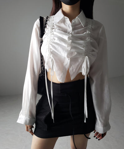 【 ３color 】ダブルリボンシャーリングショートシアーシャツ ／ double shirring ribbon short sheer shirts