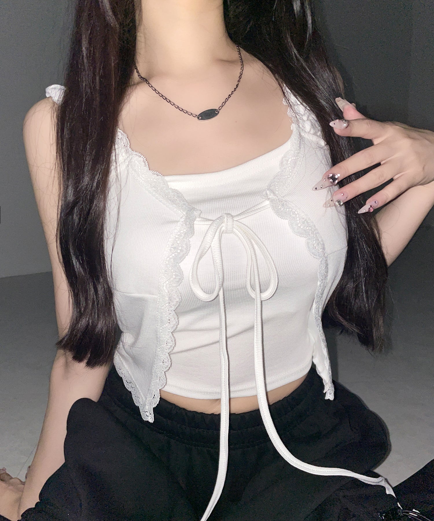 フロントリボンレイヤードリブキャミタンク ／ front ribbon layered lib camisole tank