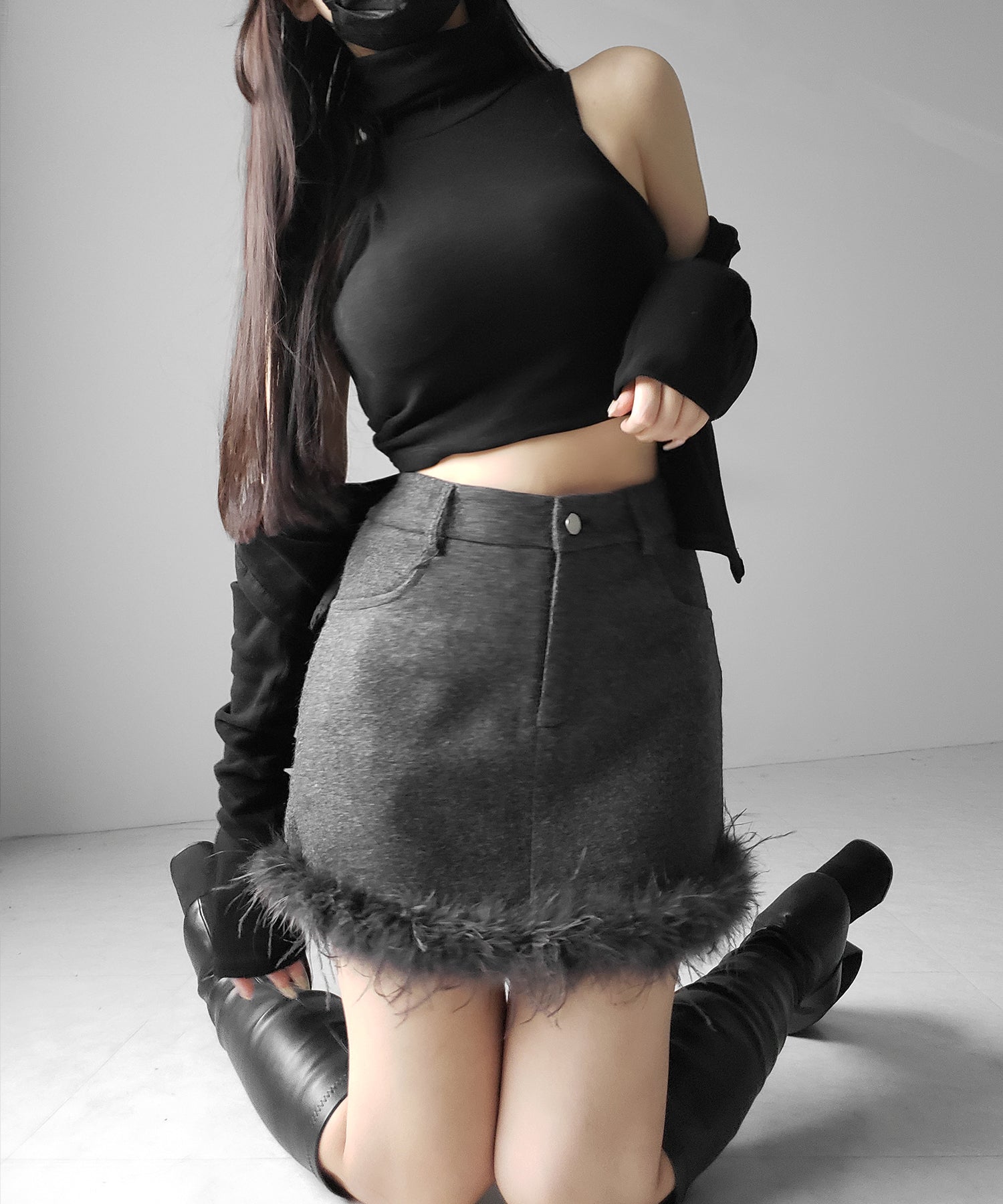 【 インナーパンツ裏地付 】ファードッキングウールライクレディミニスカート ／ fur docking woollike lady mini skirt