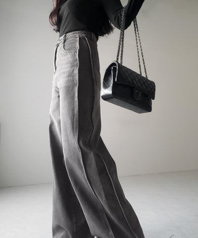 【 ３color ／ ４size 】サイドタック切替ハイウエストストレートデニム ／side tack kirikae highwaist straight denim