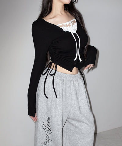 【 ３WAY 】レイヤード風シャーリングリボンリブトップス ／ fake layered shirring ribbon lib tops