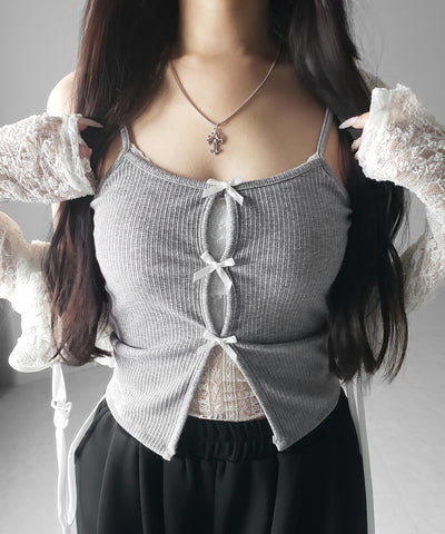 フロントリボンレースレイヤードリブキャミソール ／Front ribbon lace layered ribbed camisole
