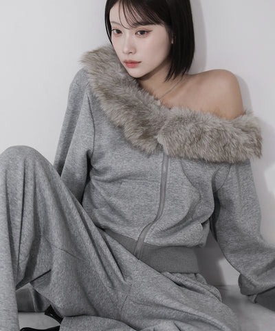 【 セットアップ 】ファーダブルジップワンショルスウェット＆タックワイドスウェットパンツ ／ Fur double-zip one-shoulder sweatshirt ＆ tuck wide sweatpants SETUP
