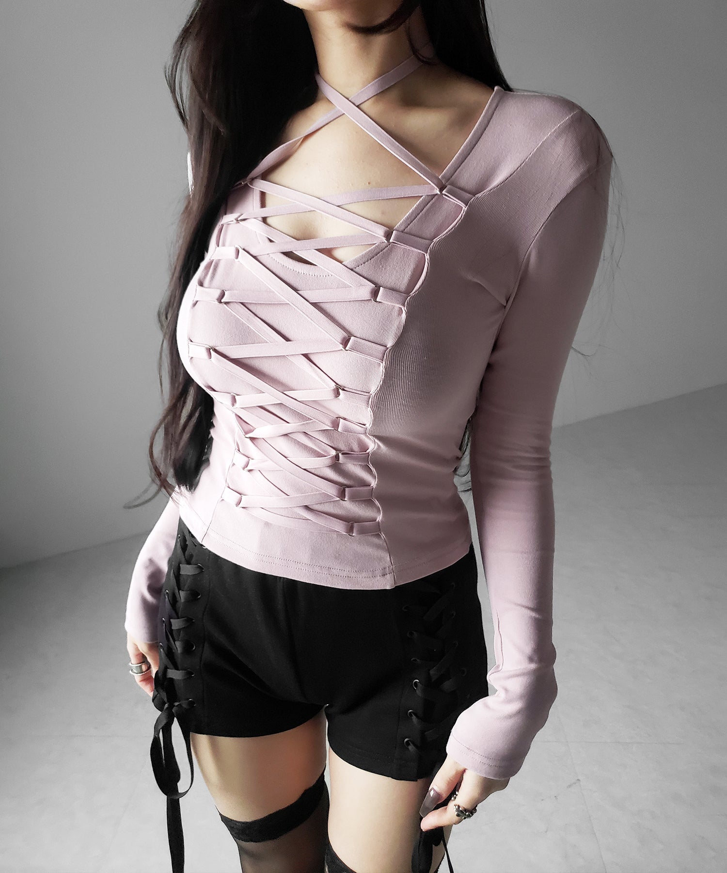 【 新色ピンク追加！ ／３WAY 】レースアップコルセットリボンチョーカートップス ／ lace up corset ribbon choker tops