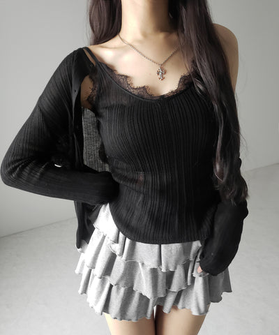 【 ２点セット 】レースニットキャミソール ＋ シアーニットカーディガン SET ／ lace knit camisole + sheer knit cardigan SET
