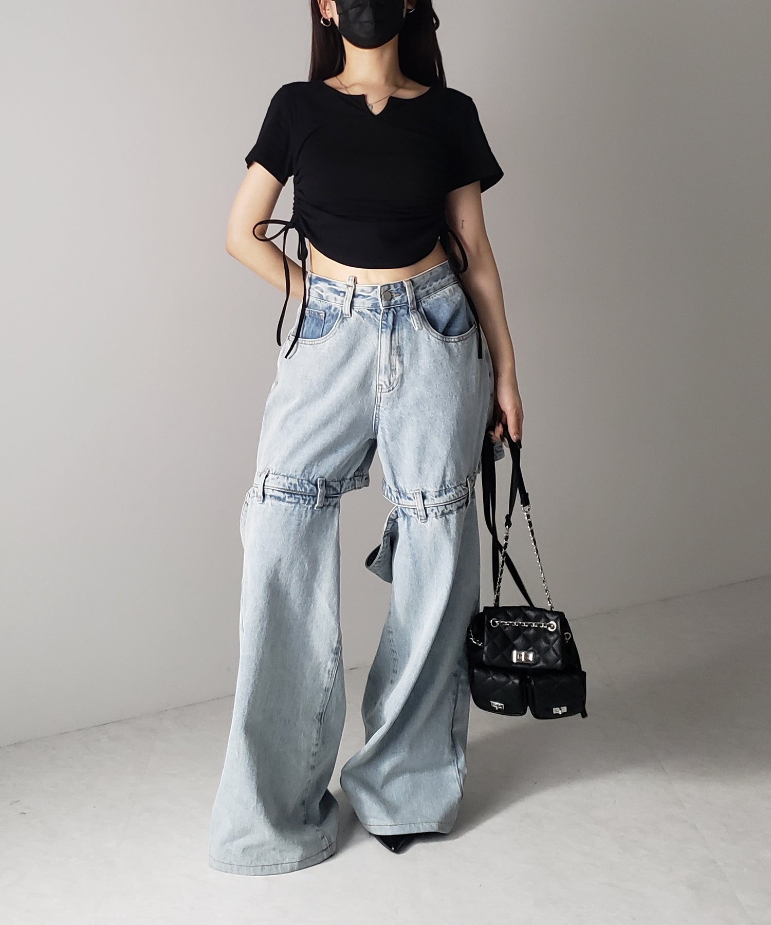 【 ２color 】サイドシャーリングリボン半袖ショートＴシャツ ／ side shirring ribbon short Tee