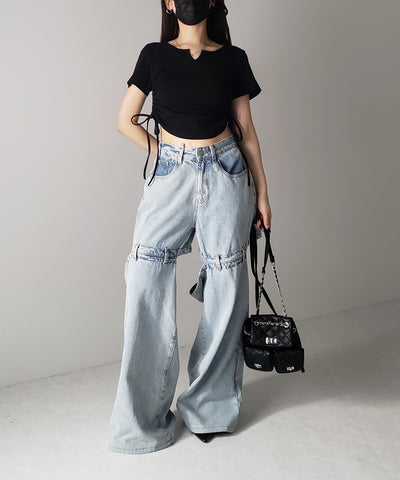 【 ２color 】サイドシャーリングリボン半袖ショートＴシャツ ／ side shirring ribbon short Tee