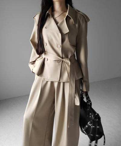 【 上下セットアップ 】ウエストマークショートトレンチコート ＋ タックワイドスラックスパンツ SETUP ／ Waist-mark short trench coat + tuck wide slacks pants