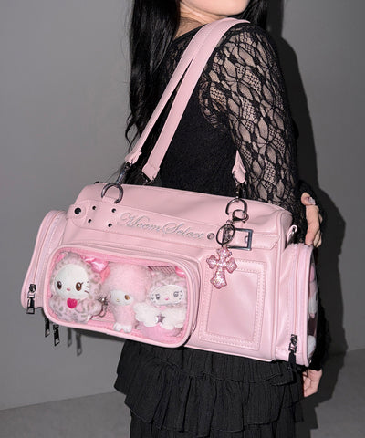 クリアポケット付きレタリング刺繍ショルダーバッグ ／ clear pocket lettering embroidery shoulder bag