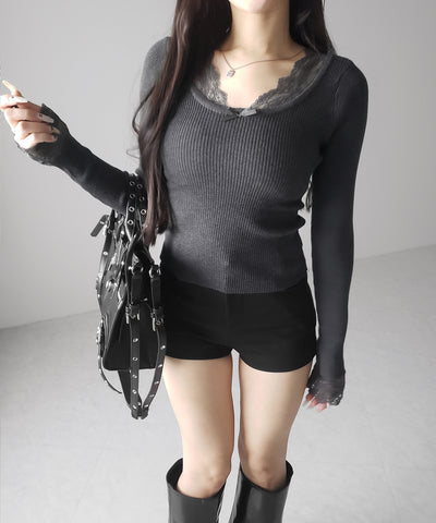 フロントリボンレース切替リブニットトップス ／ front ribbon lace switching ribbed knit tops