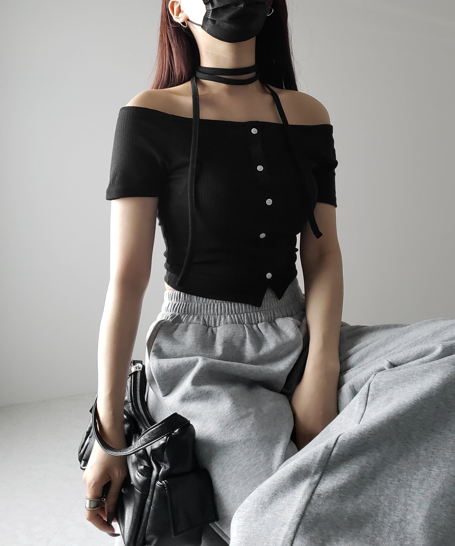 【 ２WAY 】ストラップリボンオフショルダーリブトップス ／ strap ribbon off shoulder rib tops