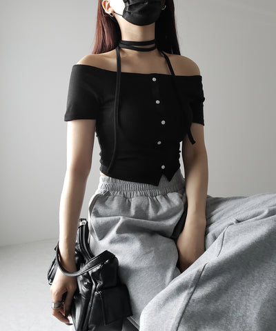 【 ２WAY 】ストラップリボンオフショルダーリブトップス ／ strap ribbon off shoulder rib tops