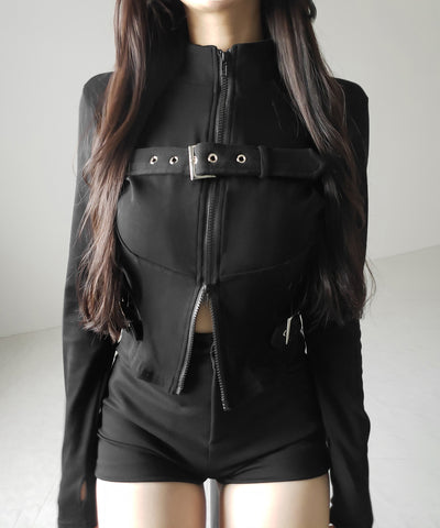 スタンドカラーベルテッドダブルジップスリムトップス ／ stand collar belted double zip slim tops