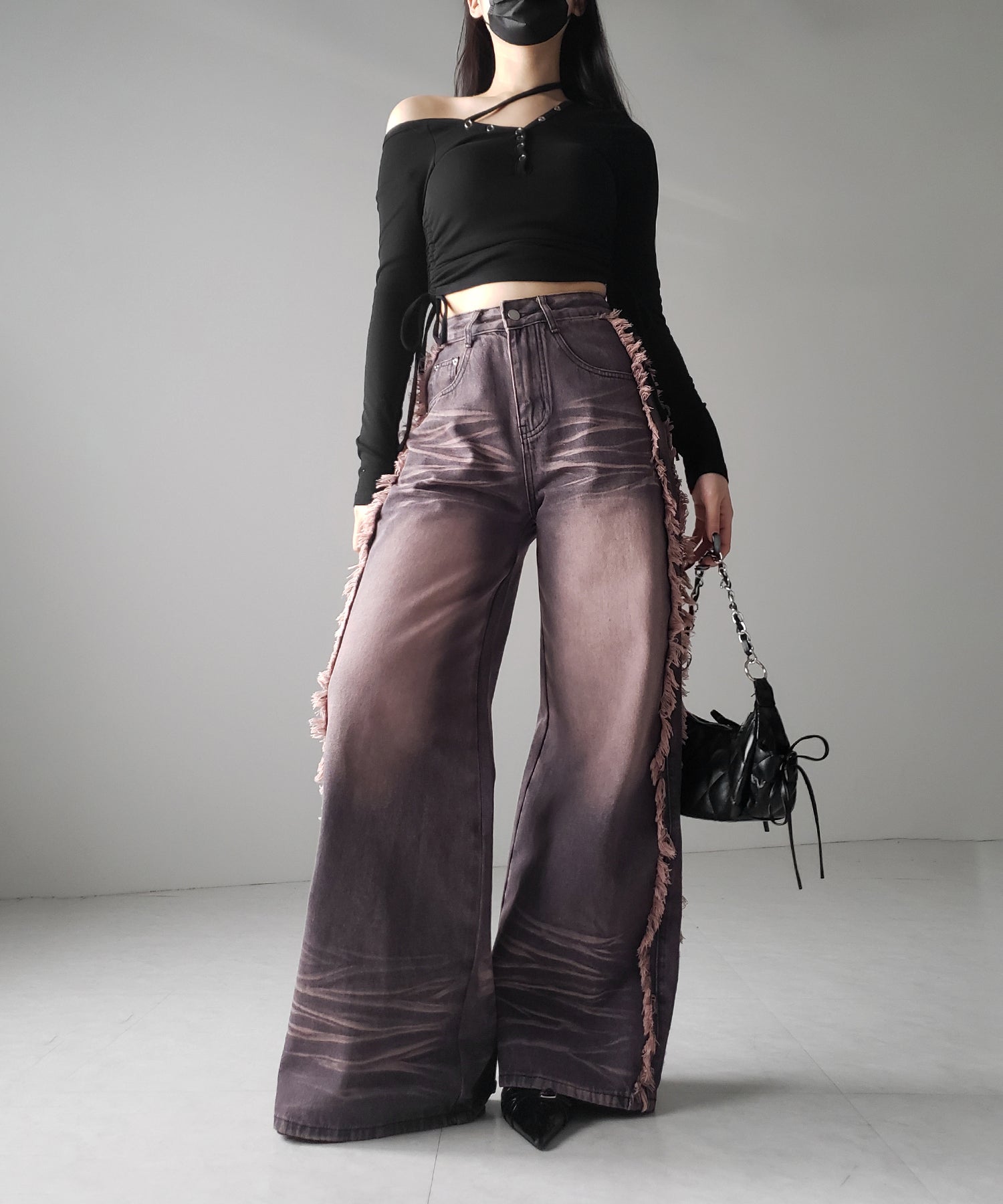 【 ３SIZE 】ヴィンテージピンクウォッシュダメージワイドデニム ／ vintage pink wash damage wide denim