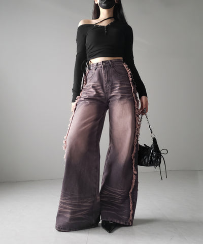 【 ３SIZE 】ヴィンテージピンクウォッシュダメージワイドデニム ／ vintage pink wash damage wide denim